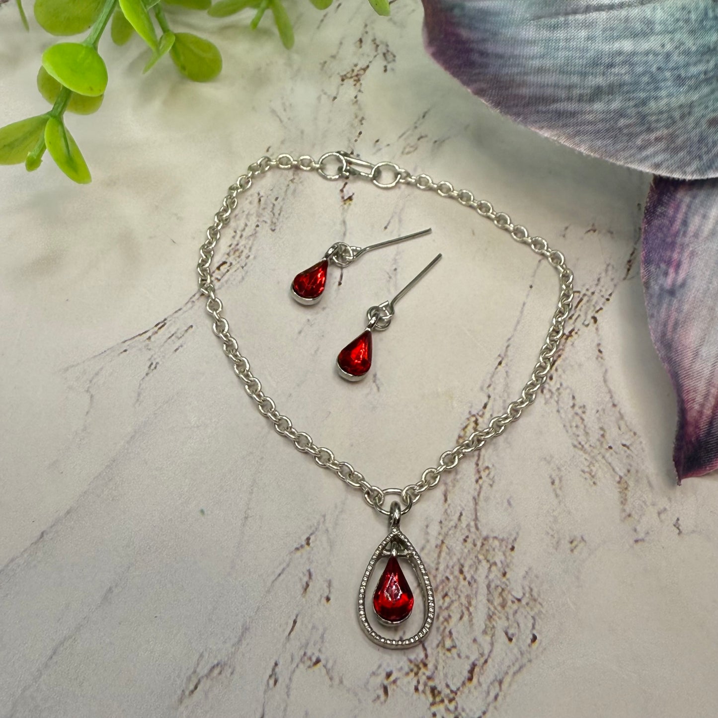 Red Teardrop Rhinestone Necklace & Earrings Set • 18” Fashion Doll Jewelry