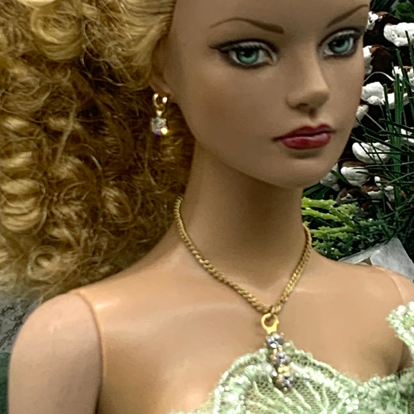 Clear Rhinestone Gold Chain Dangle Doll Necklace Earring Set • 16” Doll Jewelry