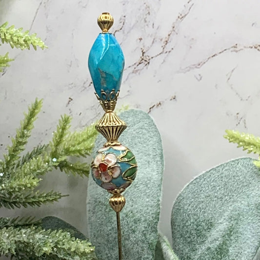 Turquoise Blue Gold Glass Cloisonné Flower Design - 6.75” • Hatpin - Stick Pin