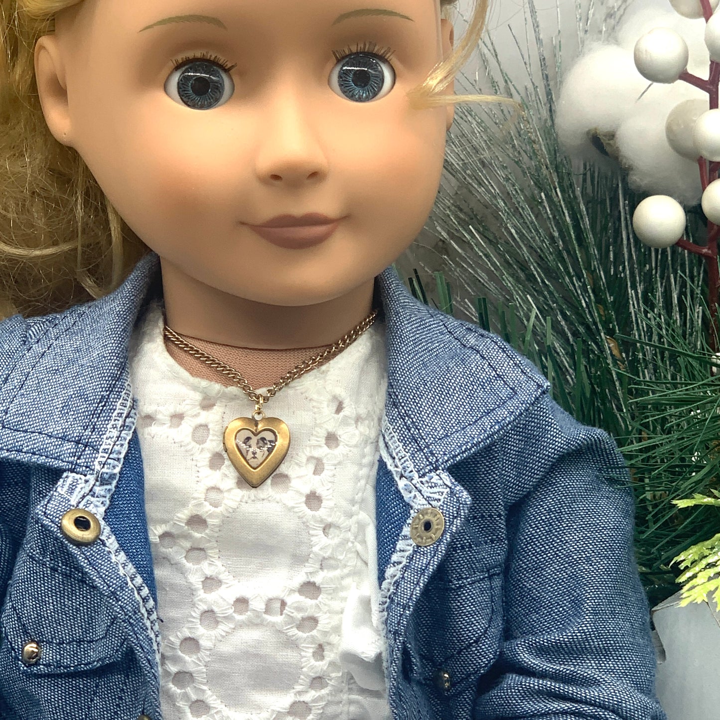 Gold Heart Locket w/ Dog Pic Chain Doll Necklace • 18 inch Fashion Doll Jewelry