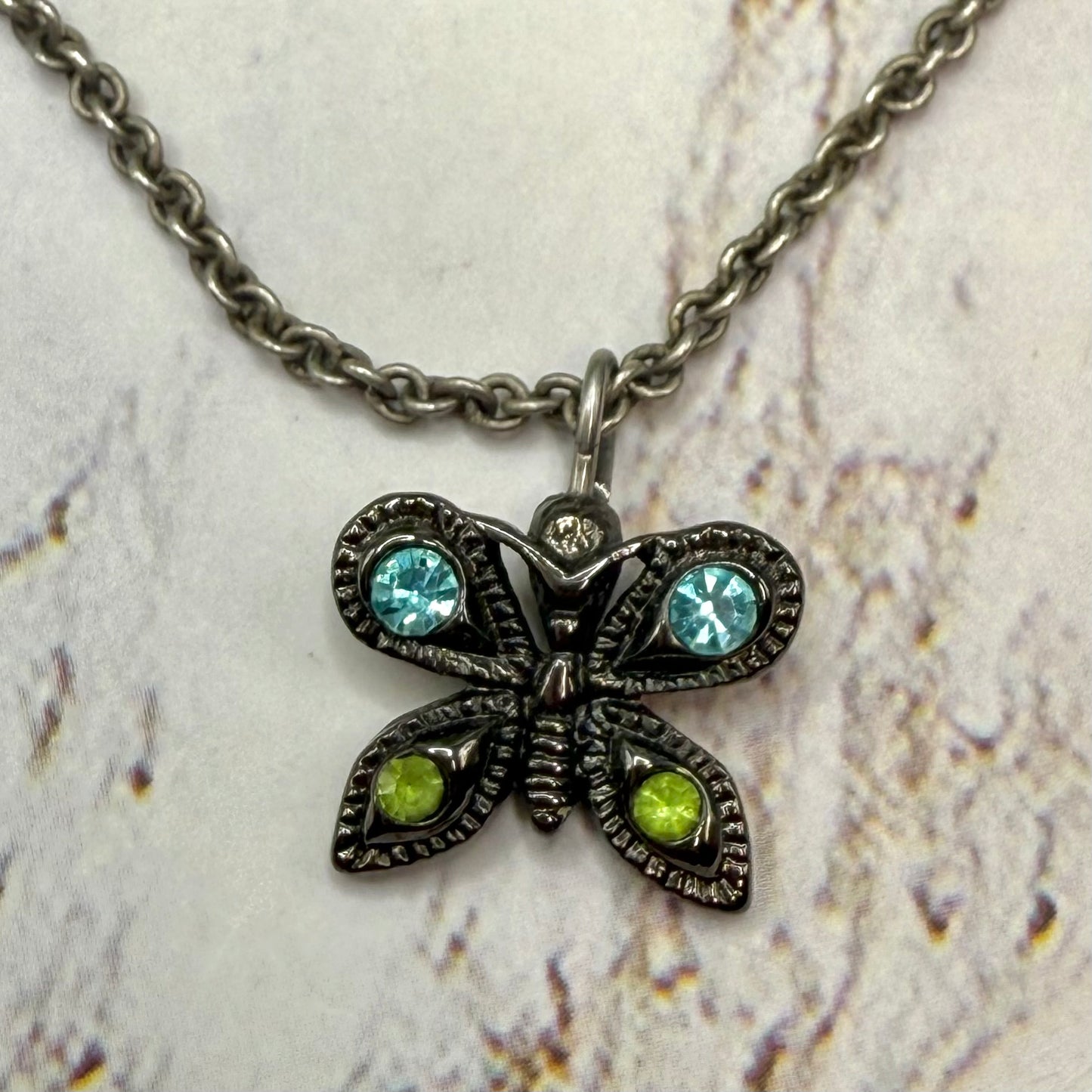 Butterfly Green Blue Rhinestone Pendant Gun Metal Silver Doll Necklace • 14 Inch Fashion Doll Jewelry