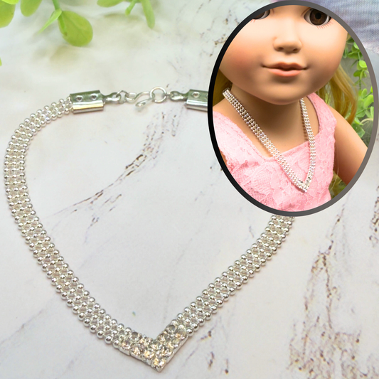 Clear Rhinestone V-Shape Silver Connected Ball Design Chain Doll Necklace • 18 Inch Fashion Doll Jewelry