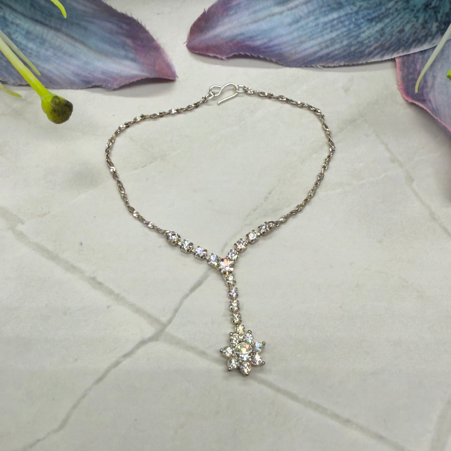 Flower Y Style Rhinestone Silver Doll Necklace • 18 inch Fashion Doll Jewelry
