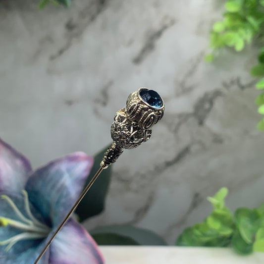 Blue Rhinestone Silver Filigree - 8.5” • Hatpin - Stick Pin