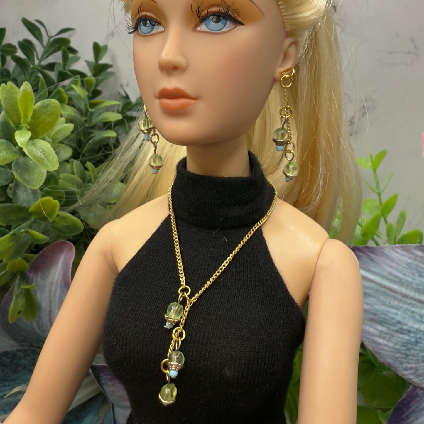 Green Blue Dangle Tassel Style Doll Necklace & Earrings Set • 16 Inch Fashion Doll Jewelry •