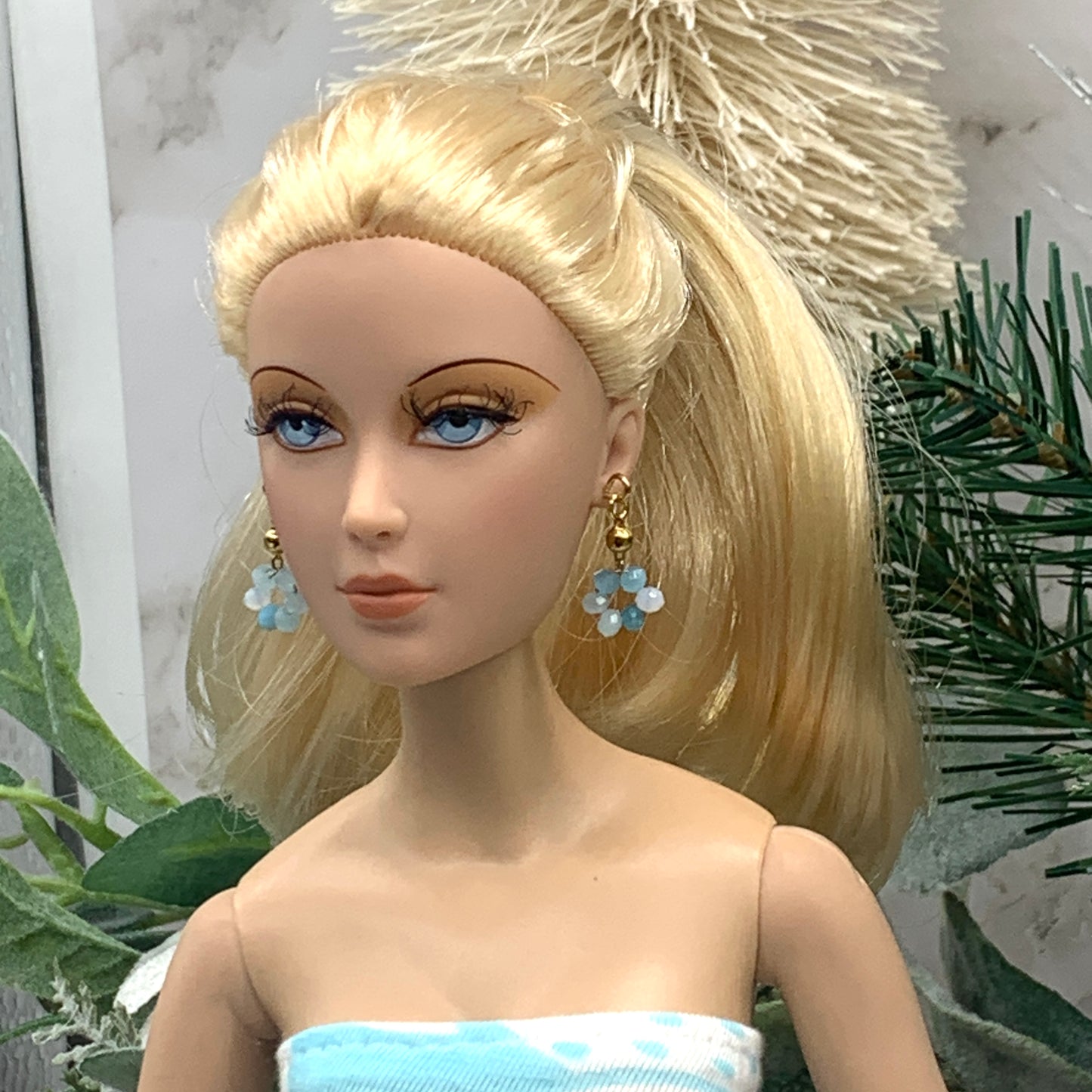 Turquoise Blue Glass Flower Dangle Doll Earrings • 16 Inch Fashion Doll Jewelry