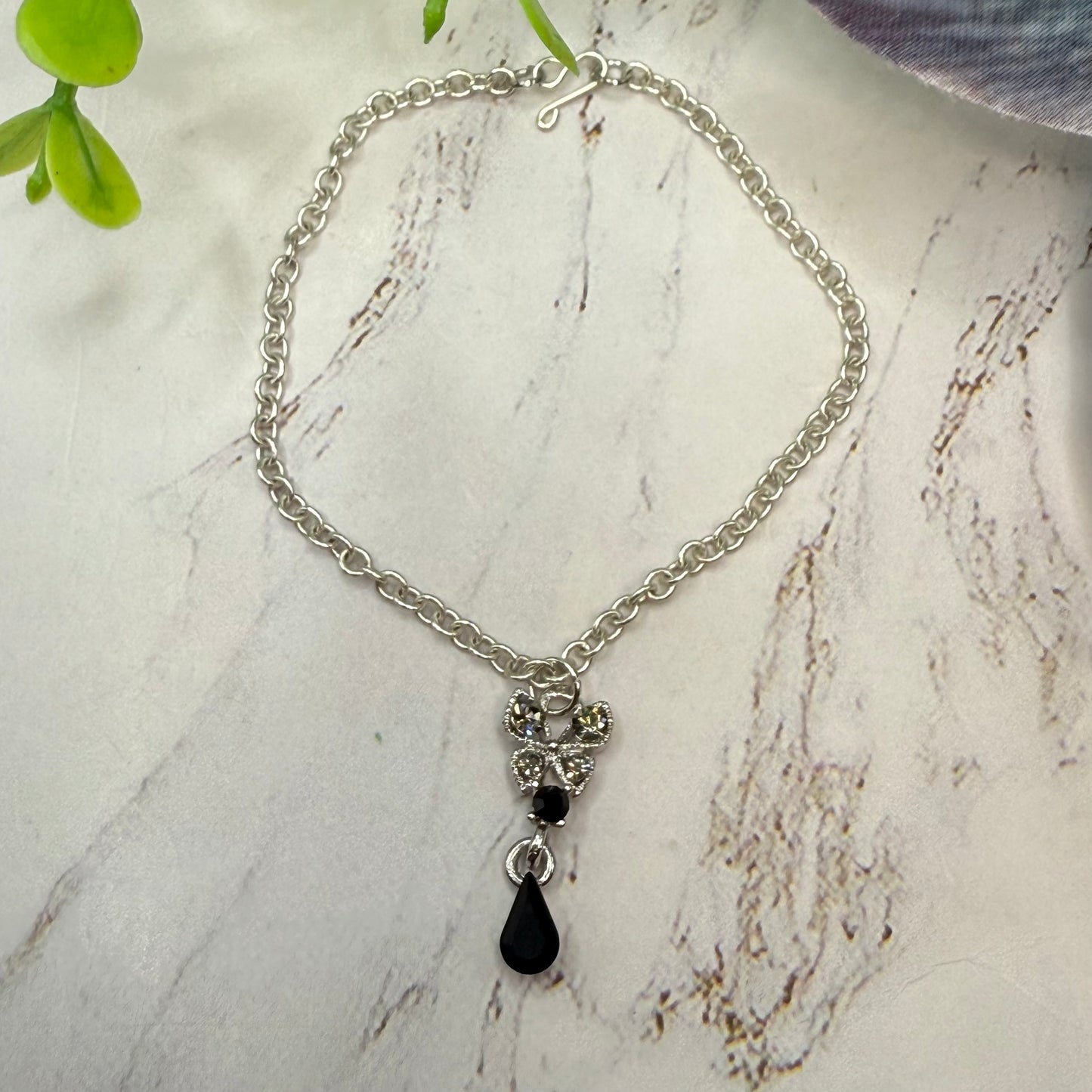 Clear Rhinestone Butterfly Black Teardrop Pendant Silver Chain Doll Necklace • 18 Inch Fashion Doll Jewelry