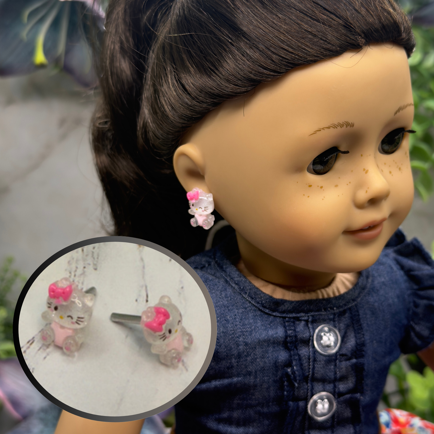 Hello Cat Kitty Pink Bow Post Doll Earrings •2mm Post fit 18 Inch Fashion Doll