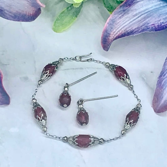 Wine Red Glass Silver Filigree Necklace and Earrings Set • 18” Fashion Doll Jewelry