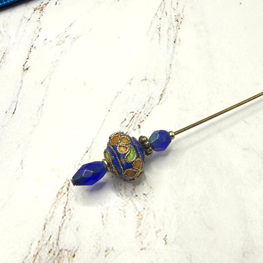 Cobalt Blue Crystal Bright Color Floral Swirl Design Cloisonné - 6 Inch • Hatpin - Stick Pin