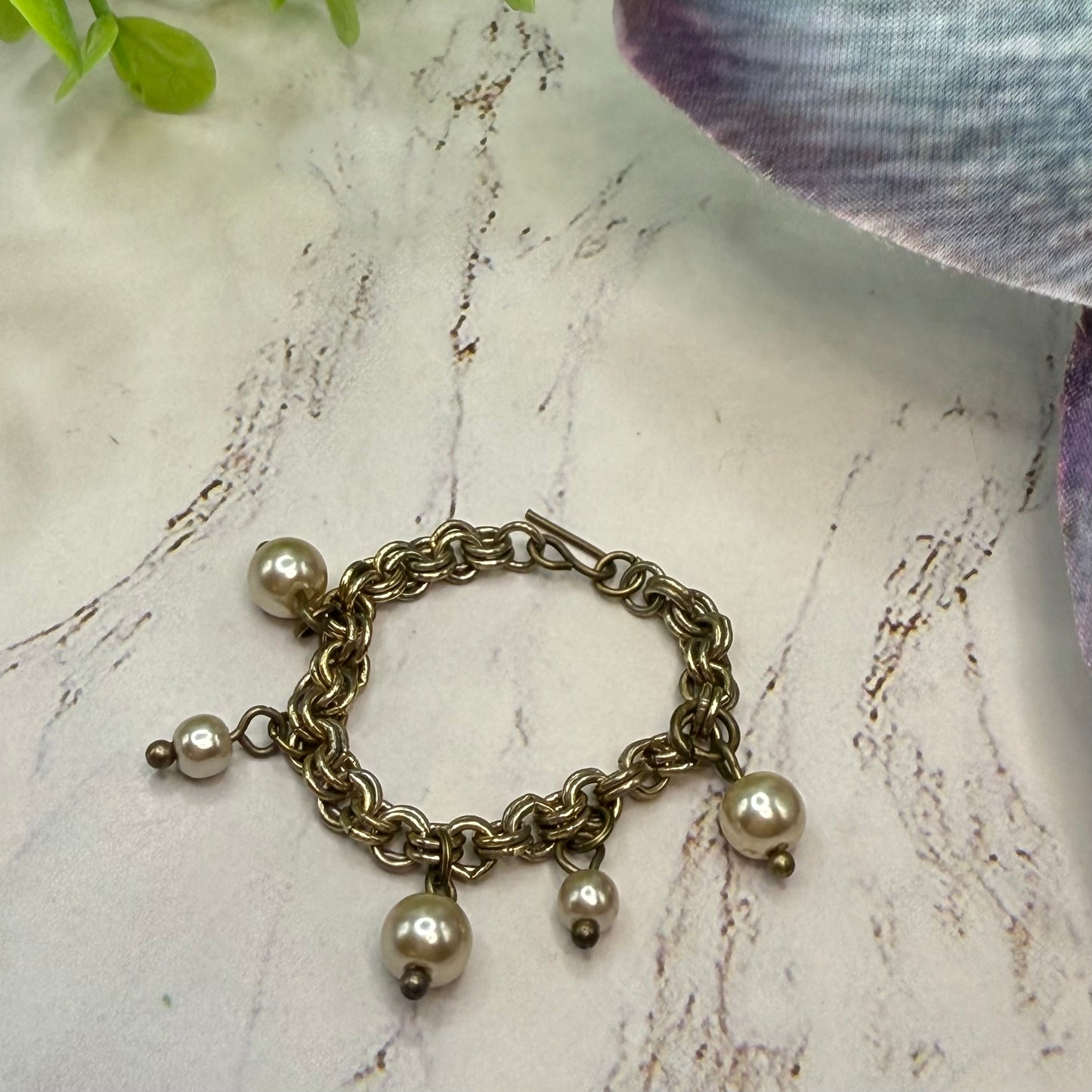 Gold Brass Tone Chain Pearl Dangles Doll Charm Bracelet • 18 Inch Fashion Doll Jewelry