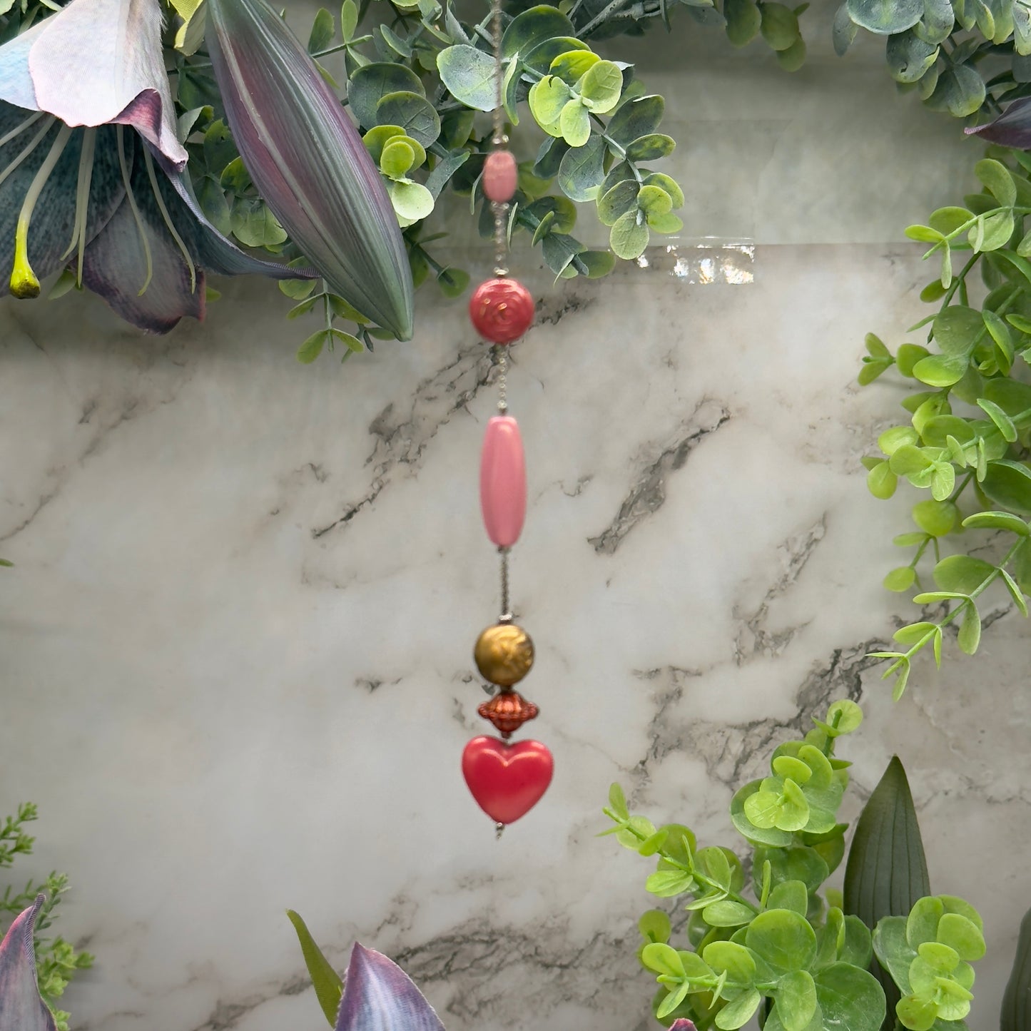 Pink Heart Bronze & Pink Beaded Chain • Car Mirror Charm / Sun Catcher