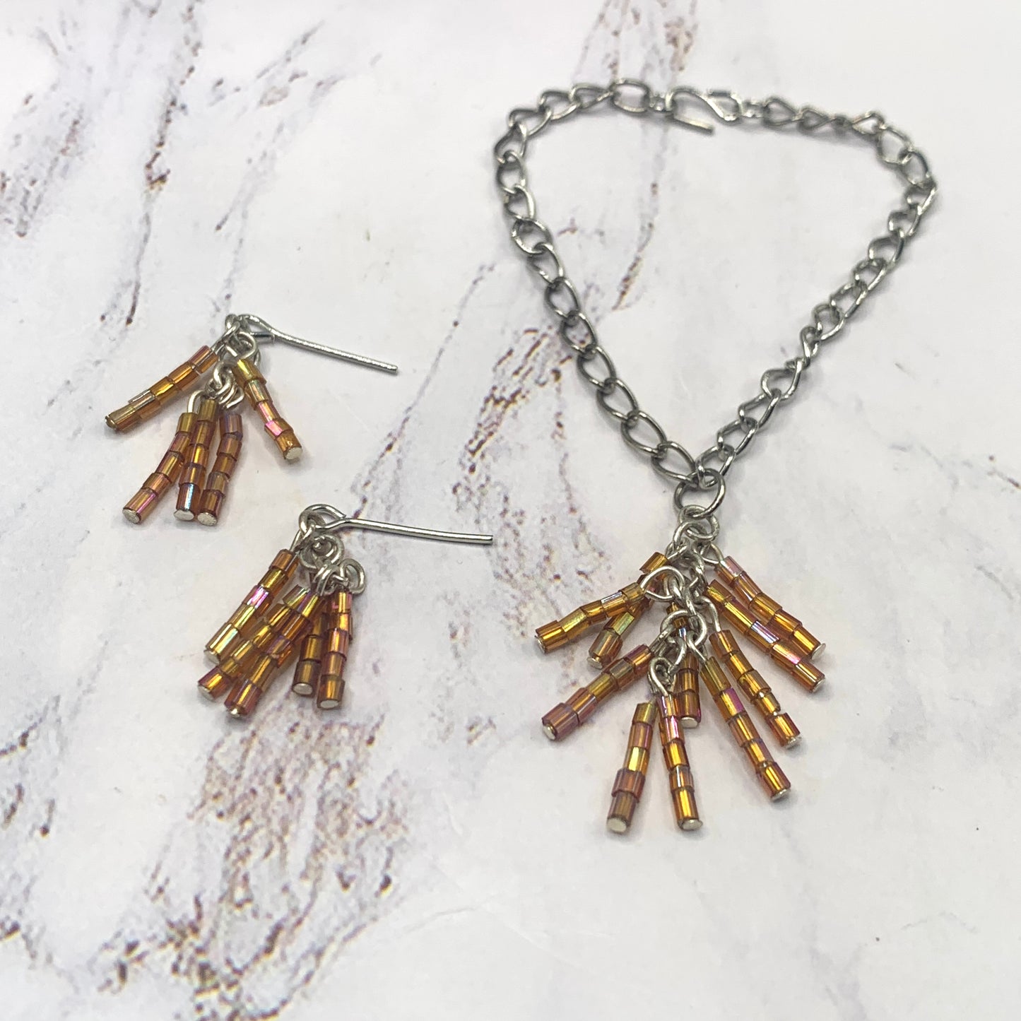 Brown Amber Glass Bead Tassel Style Doll Necklace Earring Set • 16” Doll Jewelry