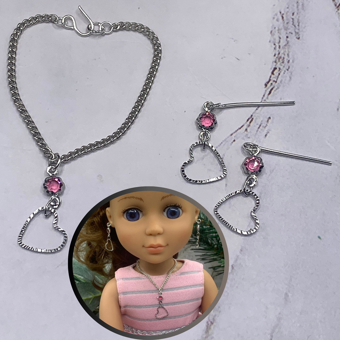 Silver Heart Pink Crystal Silver Doll Necklace Earring Set for 14” Wellie Wisher