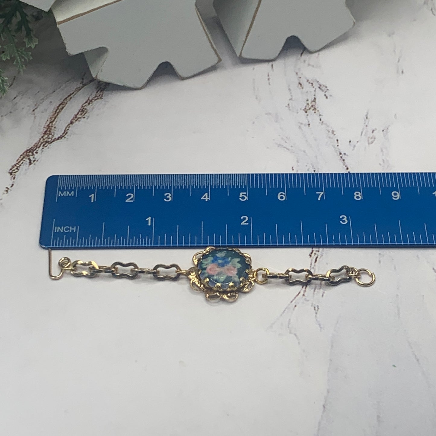 Blue Flower Rose Design Gold Filigree & Chain Doll Bracelet • 18” Doll Jewelry