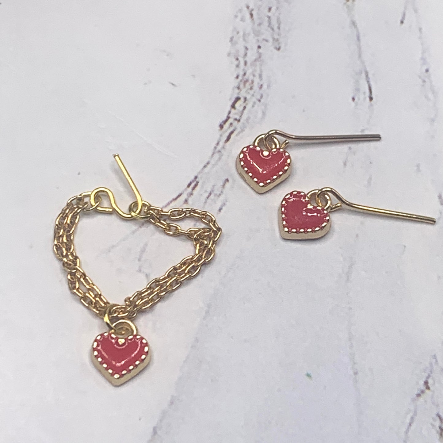 Red Heart Gold Chain Doll Necklace Earring Set • 11-12” Fashion Doll Jewelry