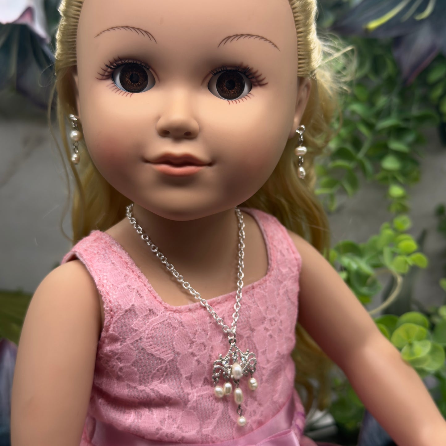 Silver Filigree Pearl Dangle Doll Necklace & Earrings Set • 18 Inch Fashion Doll Jewelry