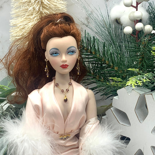 Purple Glass Teardrop Gold Doll Necklace Earrings Set • 16” Fashion Doll Jewelry