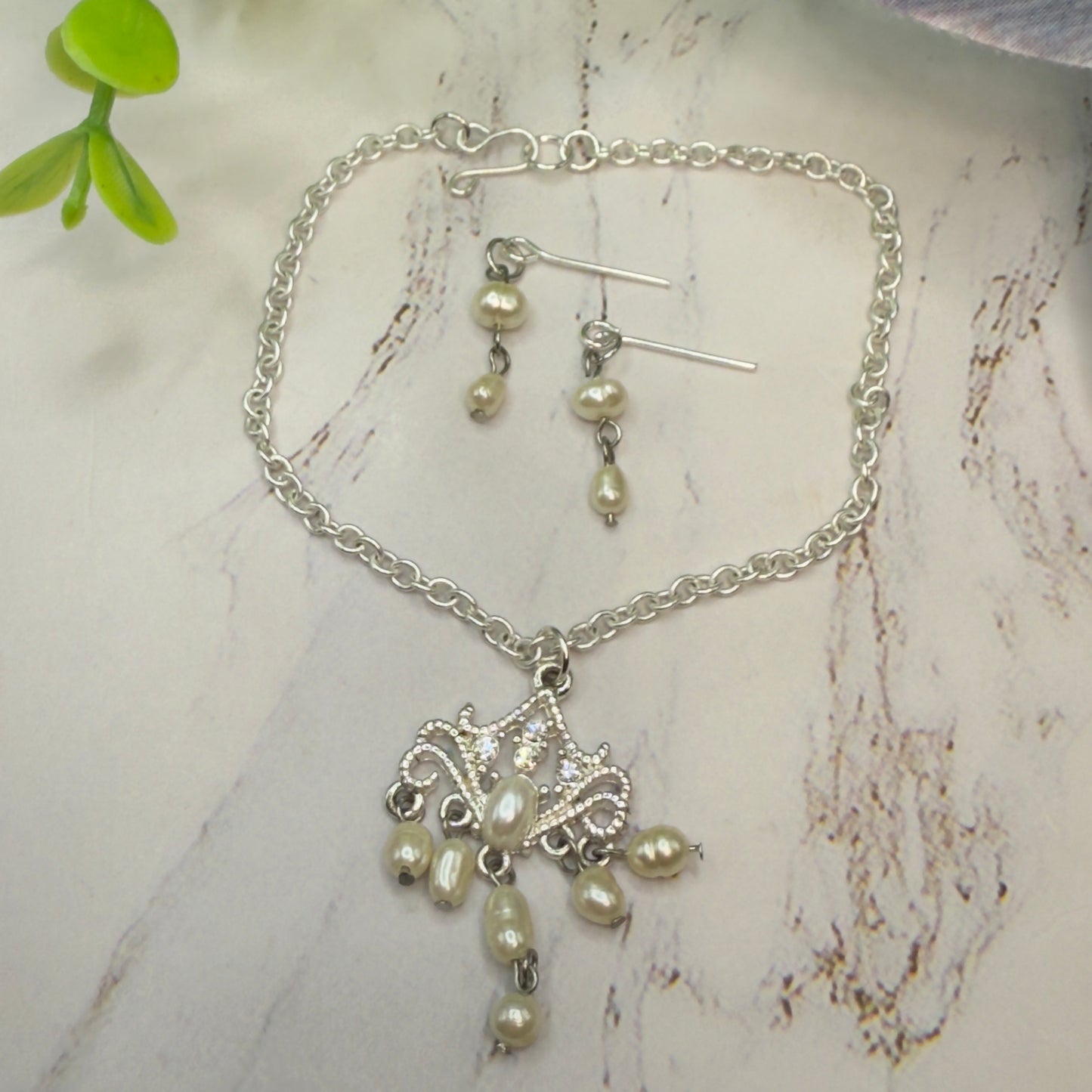 Silver Filigree Pearl Dangle Doll Necklace & Earrings Set • 18 Inch Fashion Doll Jewelry