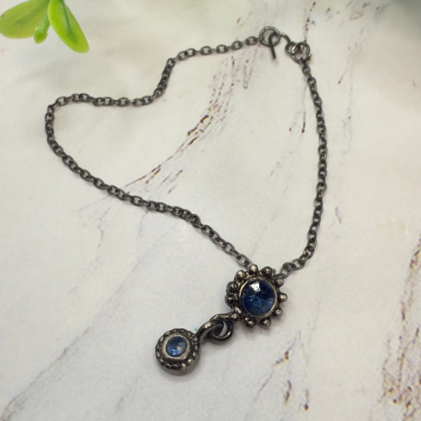 Blue Rhinestone Pendant Gun Metal Silver Chain Doll Necklace• 18 Inch Fashion Doll Jewelry