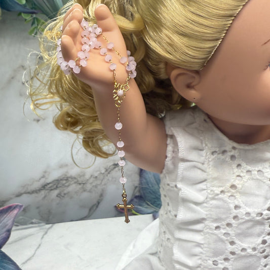 Light Pink Glass Crystal Gold Cross • Doll Size Catholic Rosary for 18-22” Fashion or Vintage Doll