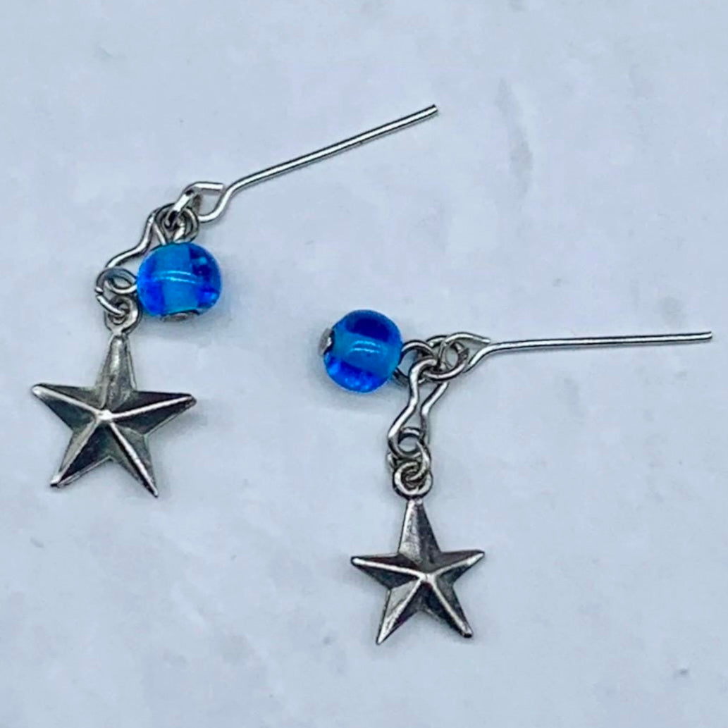 Blue Glass Silver Star Dangle Doll Earrings • 18 Inch Fashion Doll Jewelry