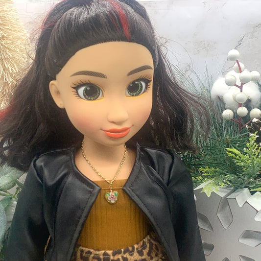 Cloisonné Heart Flower Design Charm Gold Chain Doll Necklace • 18” Doll Jewelry