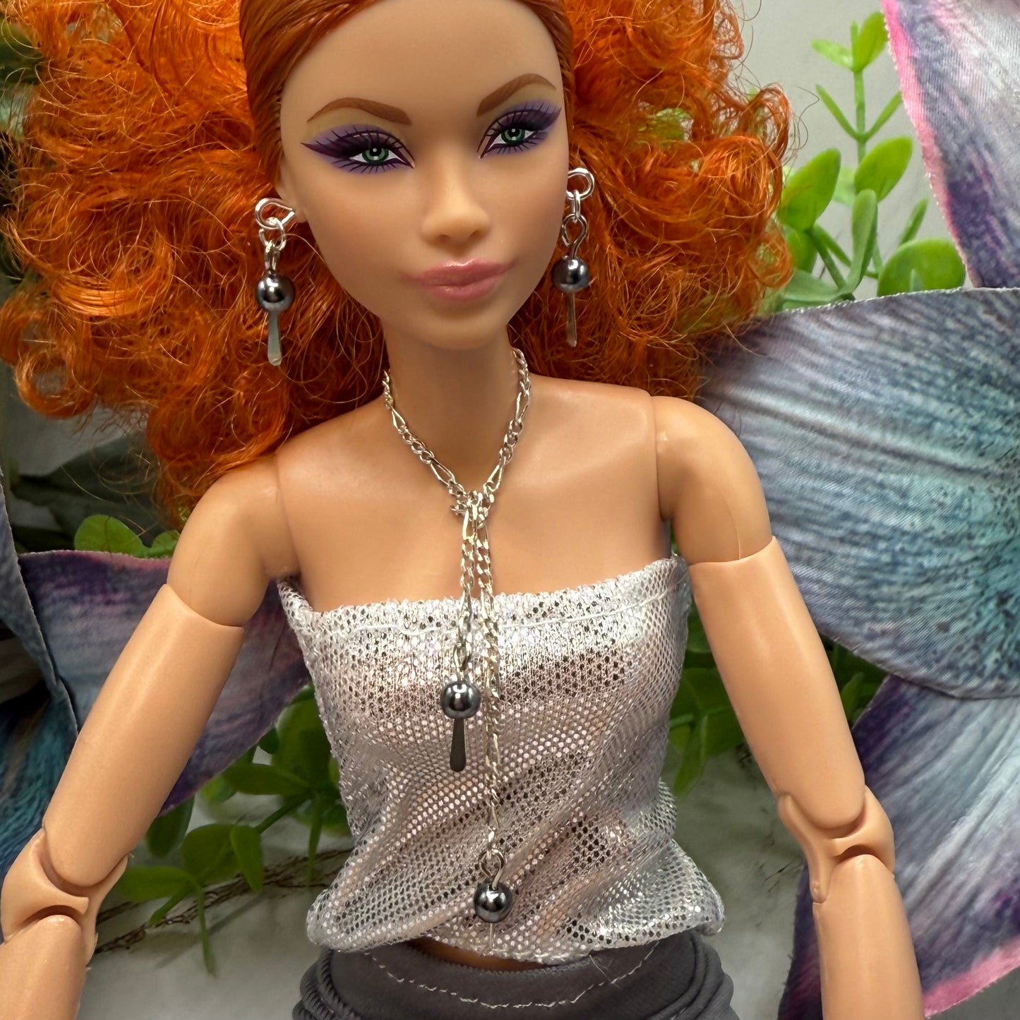 Gray Metallic and Silver Chain Wrap Style Necklace & Earrings Set • 10-12” 1:6 Fashion Doll Jewelry