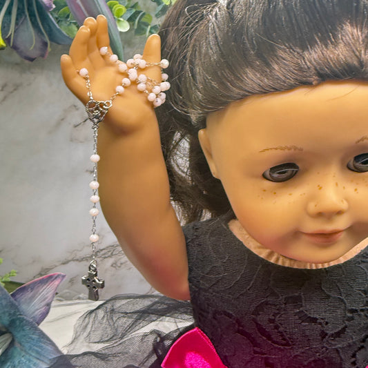 Cream Color - Off White Glass Crystal Beaded Silver Cross • Doll Size Catholic Rosary for 18-22” Fashion or Vintage Dolls