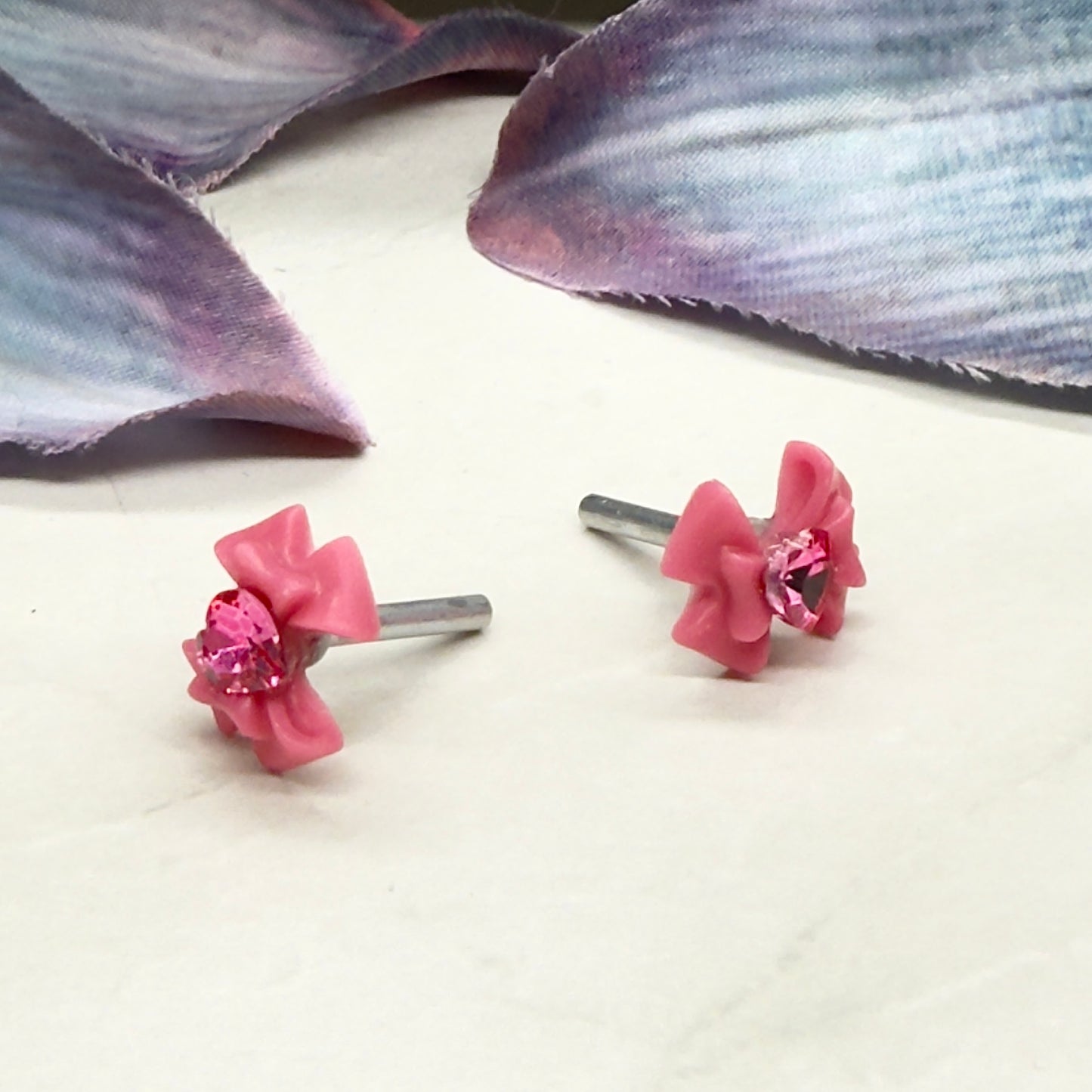 Pink Bow Heart Rhinestone 2mm Post Doll Earrings • fits 18 Inch Fashion Dolls