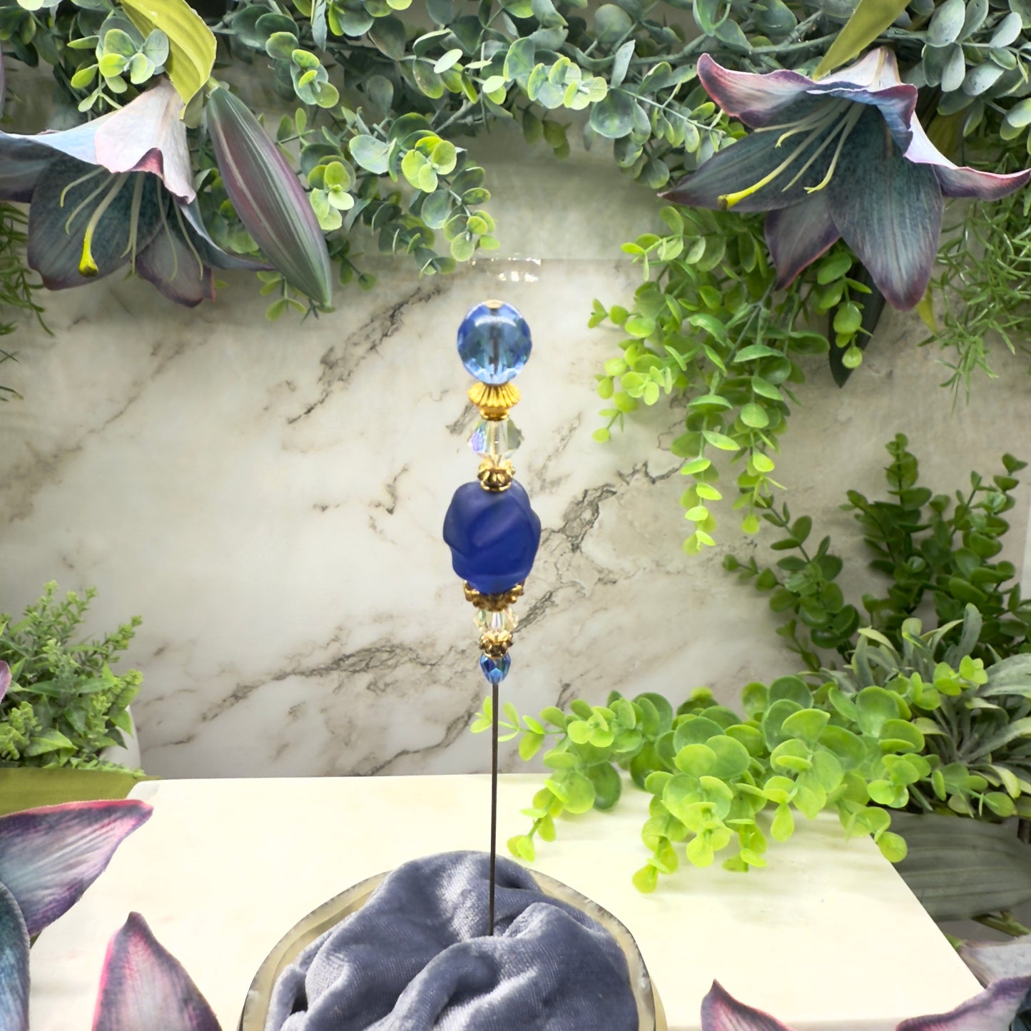 Blue & Clear Crystal Gold Filigree Accent • 8” Hatpin / Stick Pin