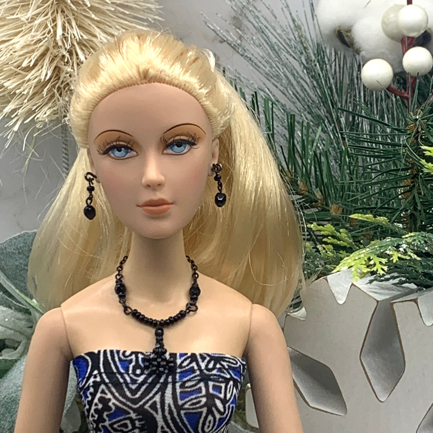 Black Beaded Y Drop Flower Doll Necklace Matching Earring Set • 16” Doll Jewelry
