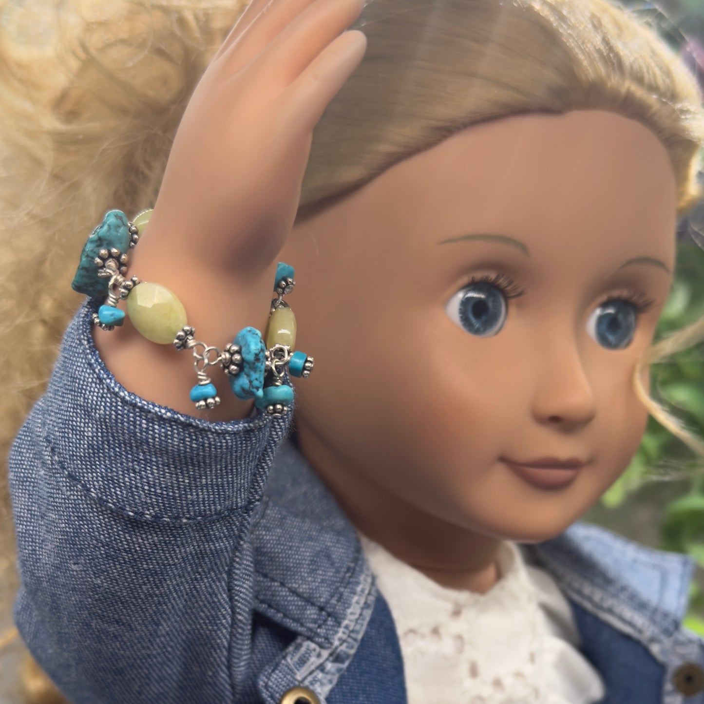Light Green Turquoise Blue Beaded Dangle Doll Bracelet • 18 Inch Doll Jewelry