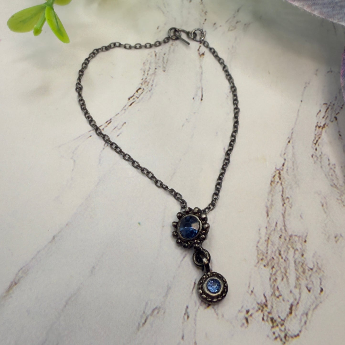 Blue Rhinestone Pendant Gun Metal Silver Chain Doll Necklace• 18 Inch Fashion Doll Jewelry