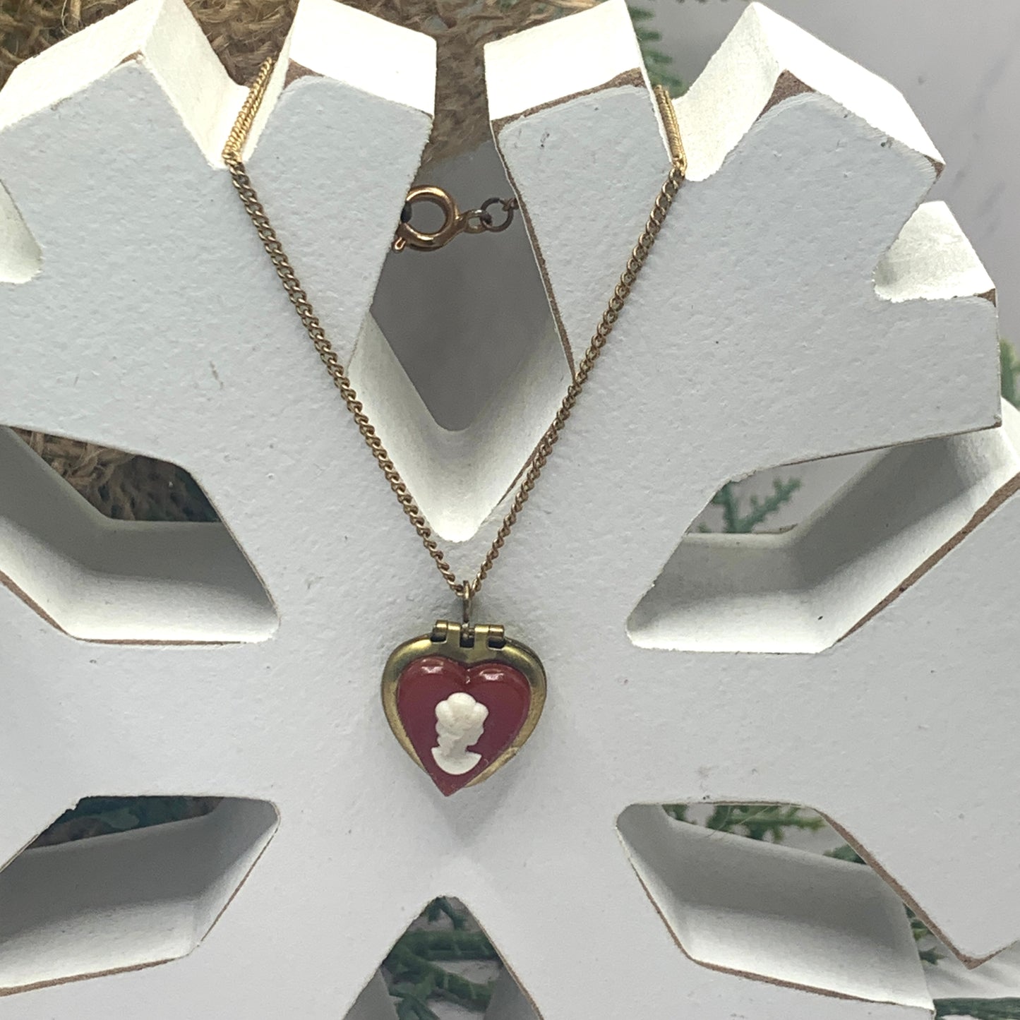 Burgundy Red Heart Cameo Locket Gold Chain Doll Necklace • 18” Doll Jewelry
