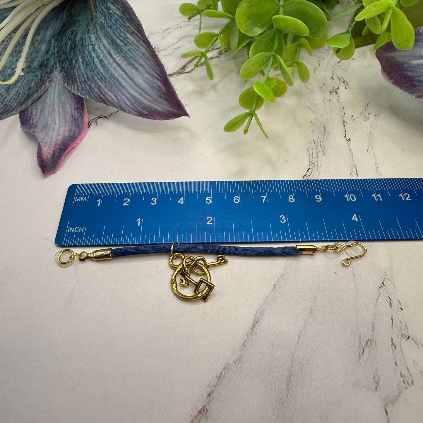 Blue Fabric Cord Doll Necklace Gold Keys Pendant • 14” Fashion Doll Jewelry