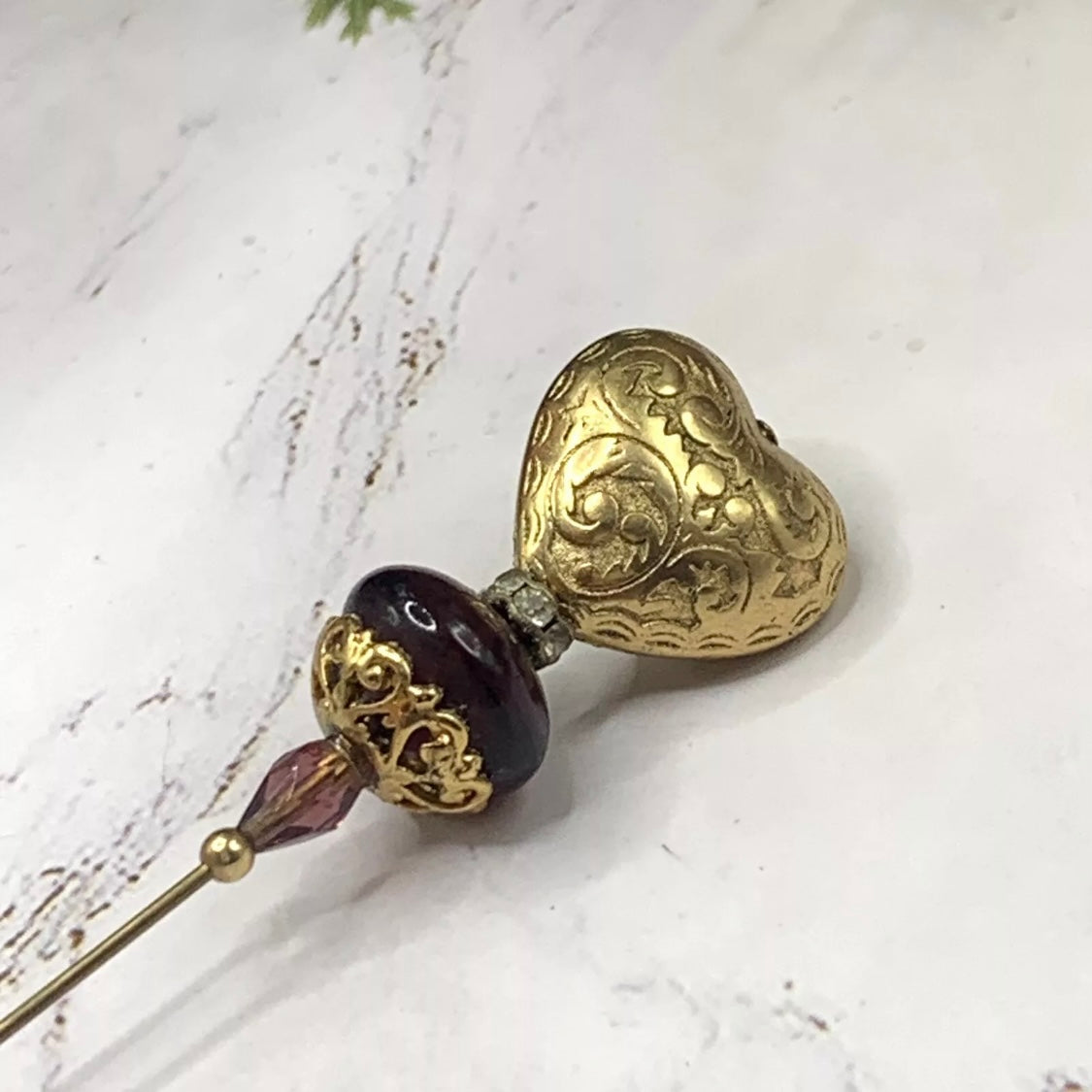 Gold Filigree Design Heart Burgundy Red Glass Rhinestone - 6” Pin • Hatpin