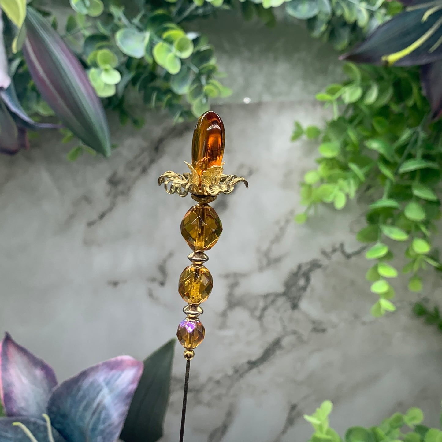Gold yellow Amber Color Crystal Flower Design 8.5” Pin • Hatpin - Stick Pin