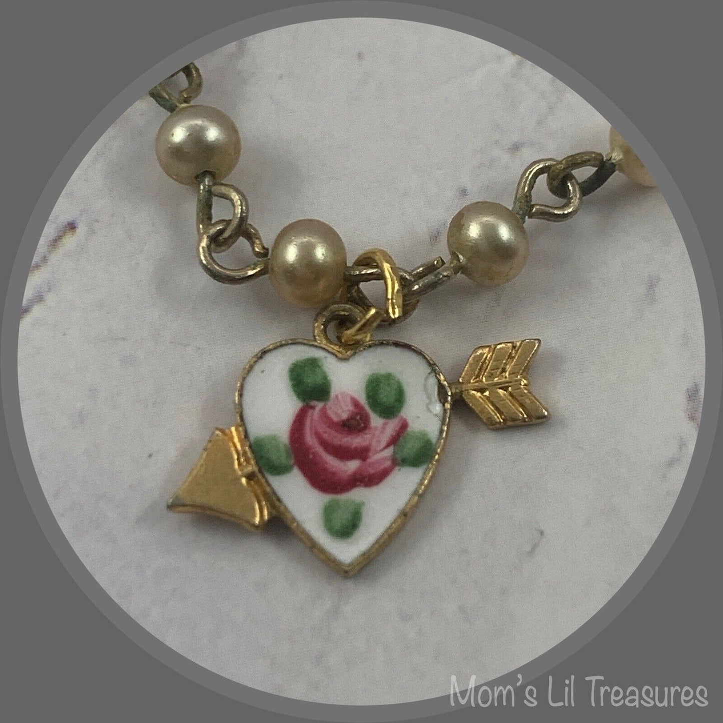 White Enamel Heart Rose Pendant Pearl Necklace• Jewelry for 18-22” Vintage Dolls