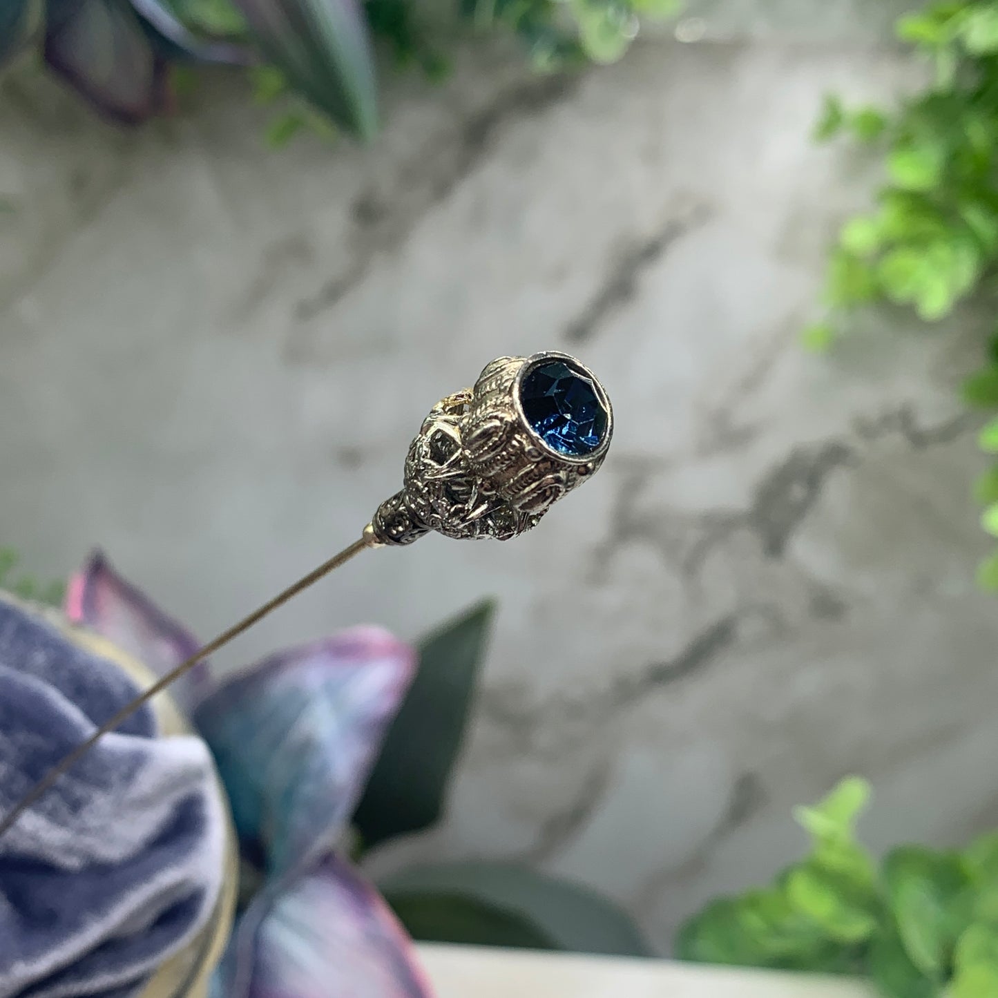 Blue Rhinestone Silver Filigree - 8.5” • Hatpin - Stick Pin