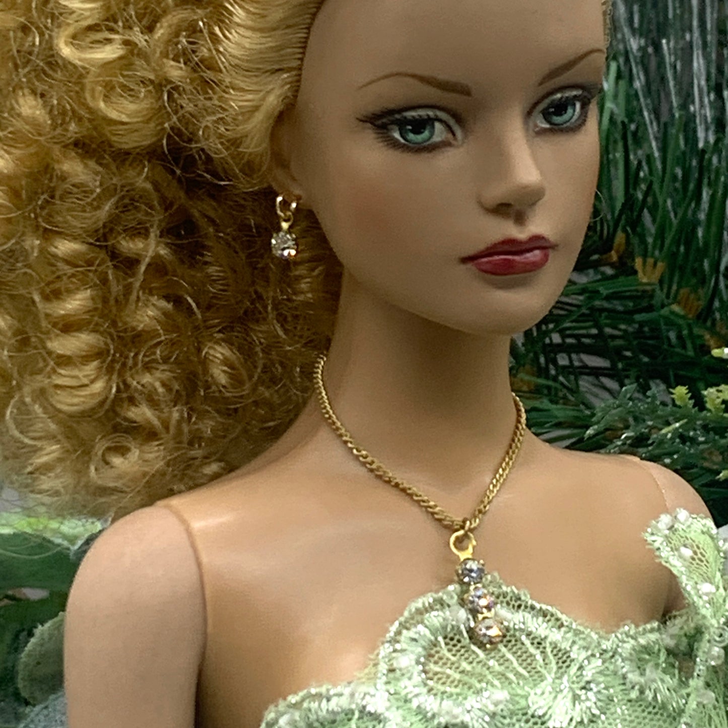 Clear Rhinestone Gold Chain Dangle Doll Necklace Earring Set • 16” Doll Jewelry