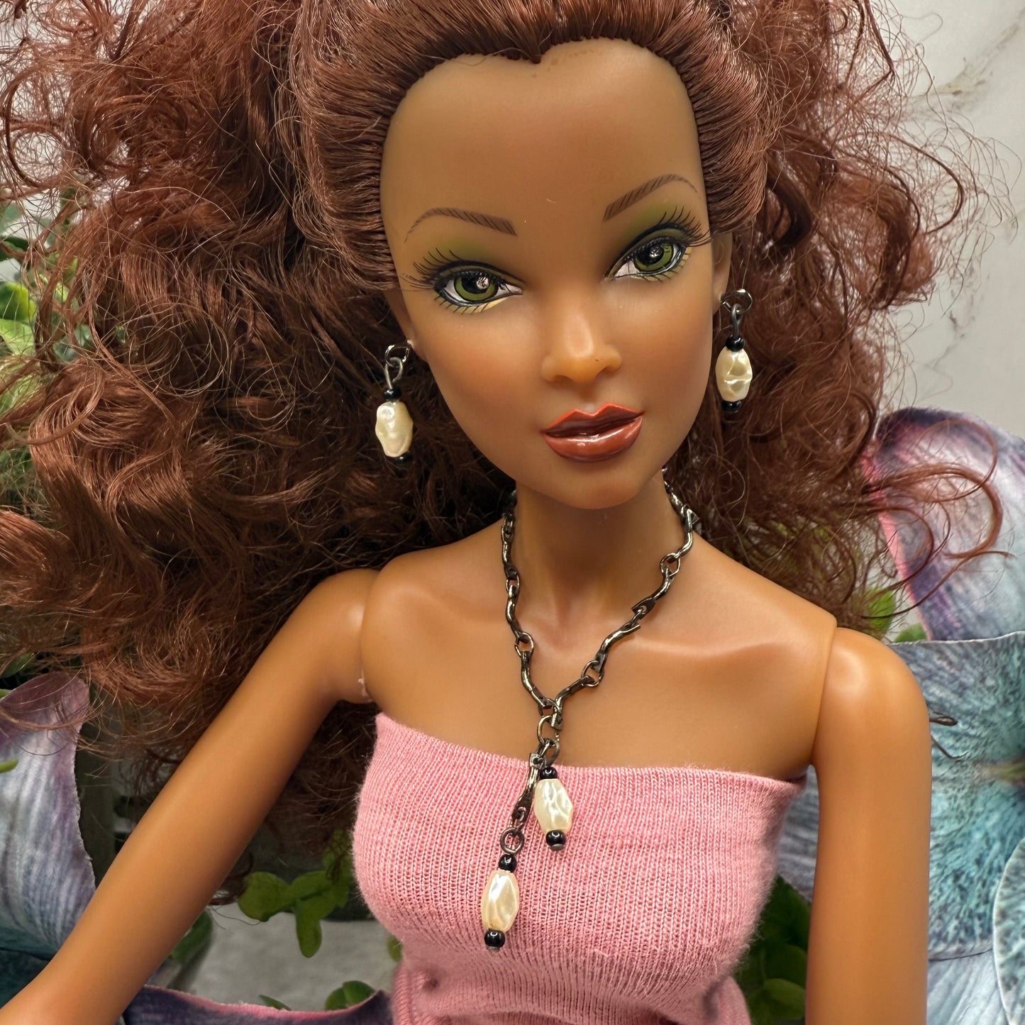 Black Chain Pearl Dangle Doll Necklace & Earrings Set • 16 Inch Fashion Doll Jewelry