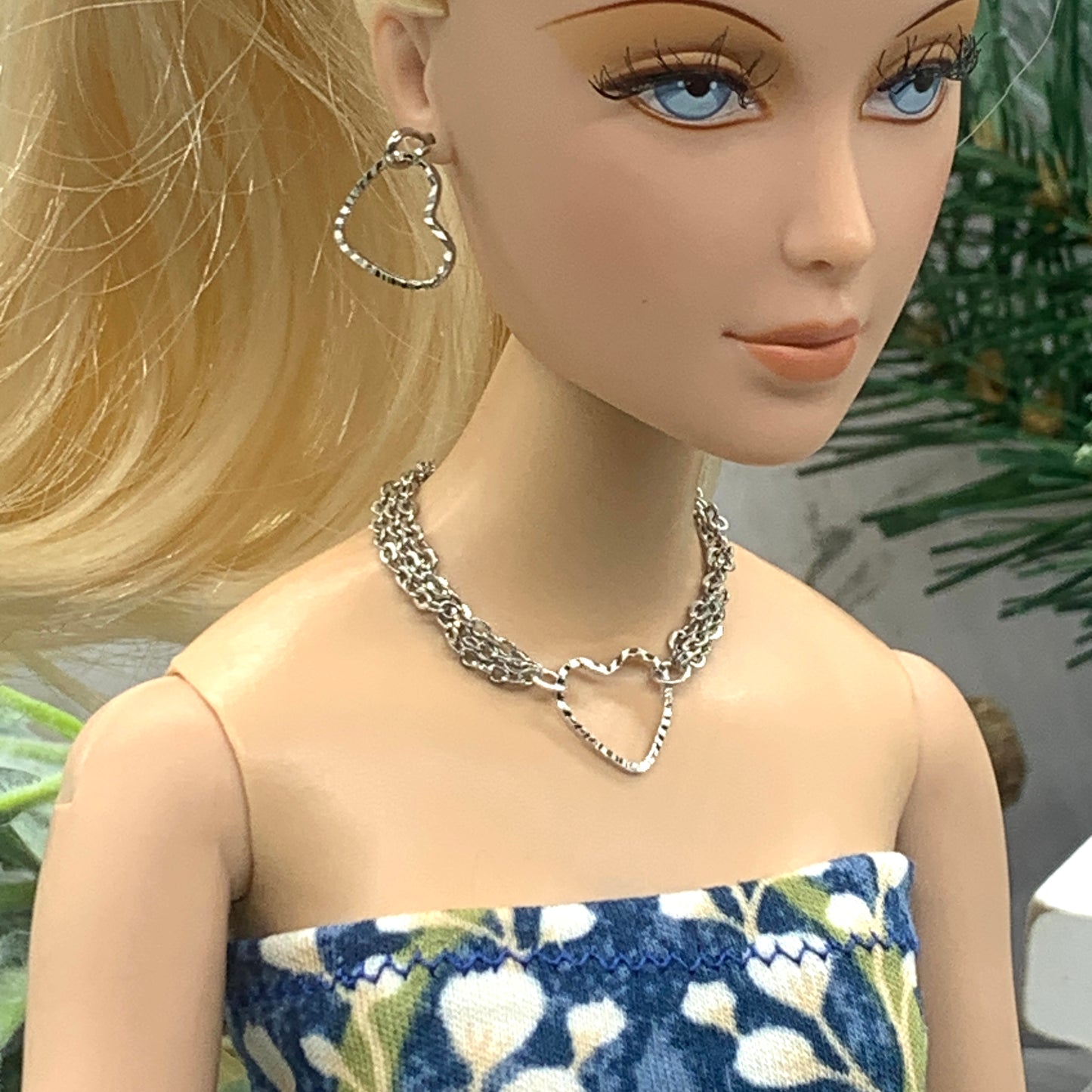 Silver Heart Dangle Multi Chain Doll Necklace Earring Set • 16” Doll Jewelry