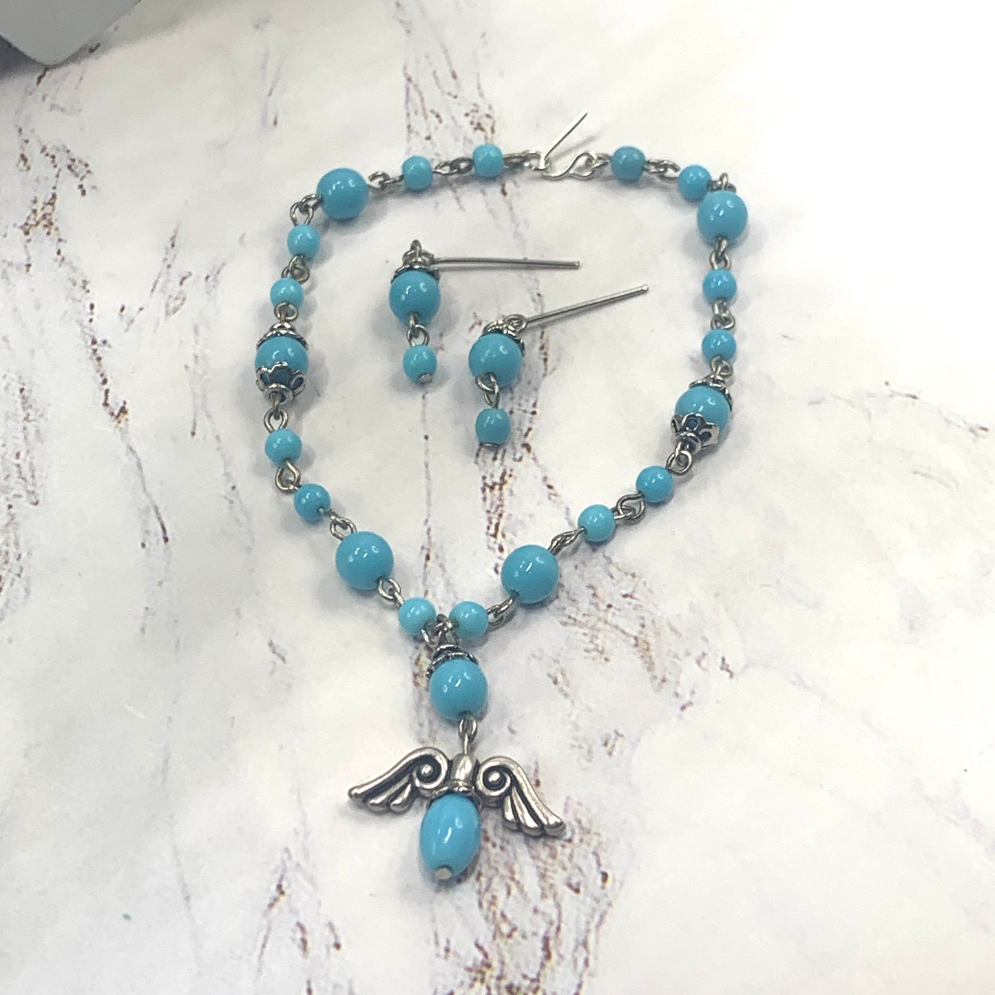 Blue Glass Bead Silver Angel Wings Pendant Necklace Earring Set 18” Doll Jewelry