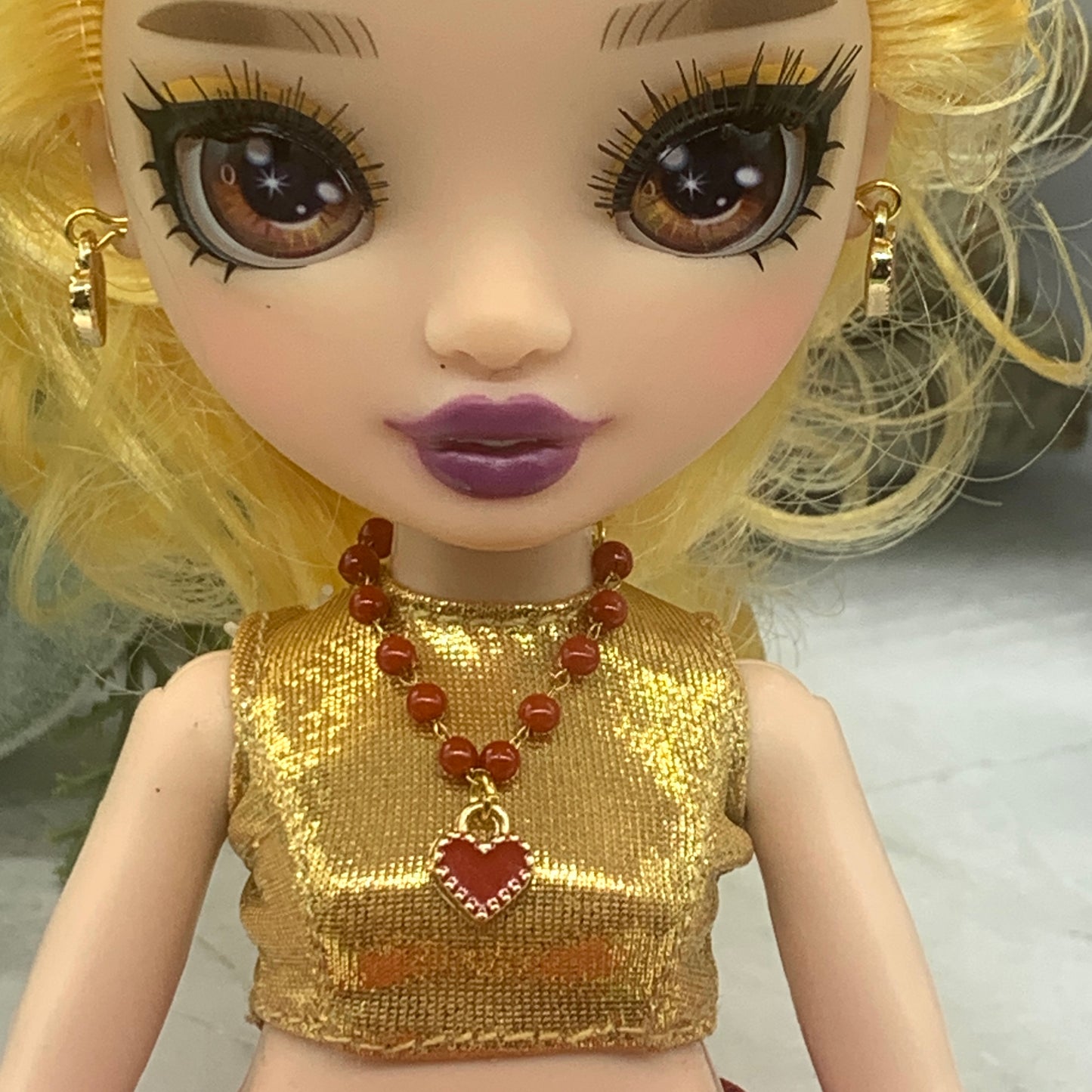 Red Heart Beaded Gold Chain Doll Necklace Earring Set 10-12” Doll Rainbow High
