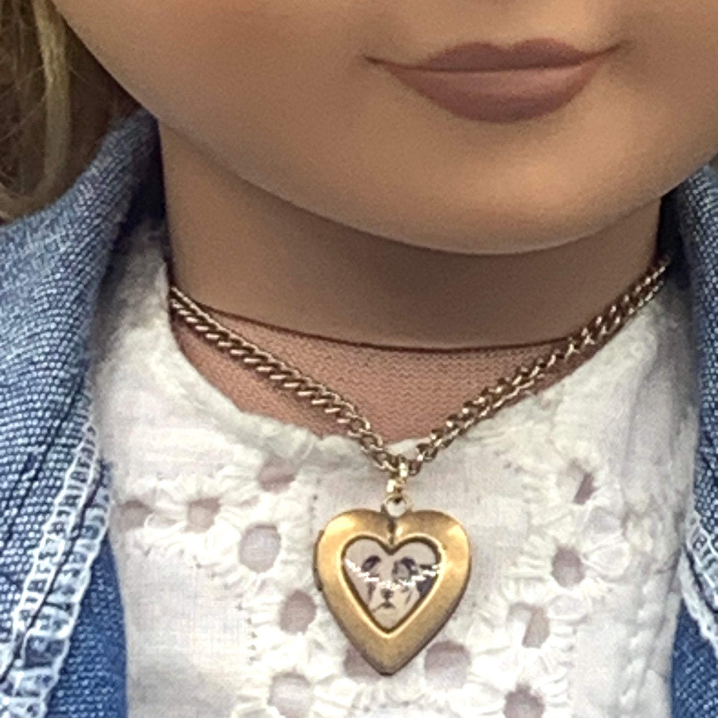 Gold Heart Locket w/ Dog Pic Chain Doll Necklace • 18 inch Fashion Doll Jewelry