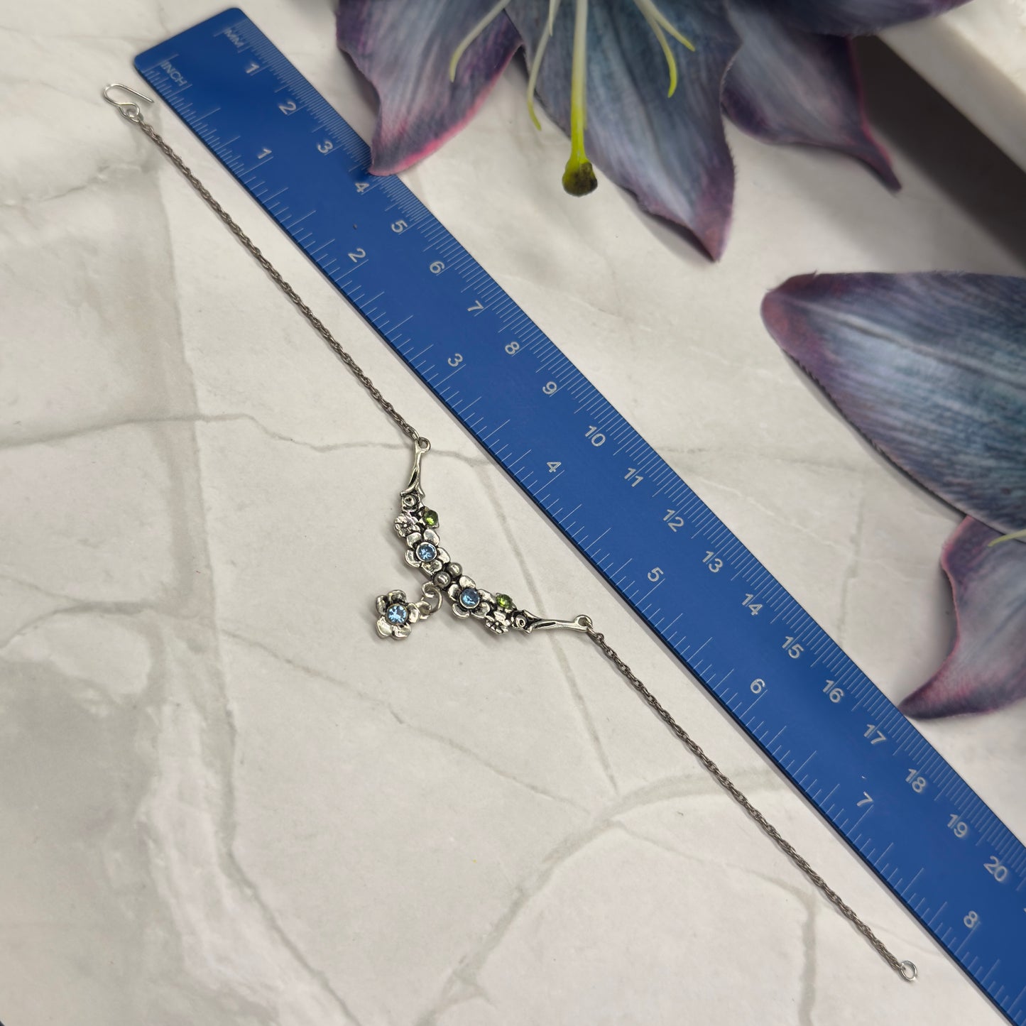 Silver Flower Design W/ Green Blue Rhinestone Doll Necklace • 18” Doll Jewelry