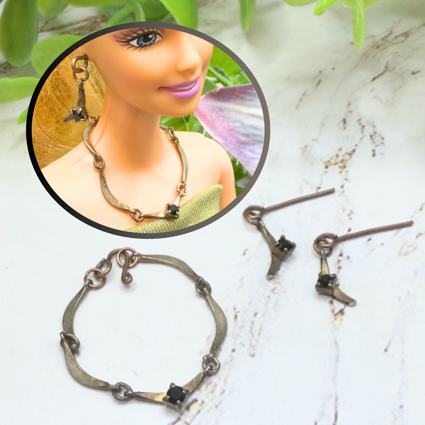 Copper Bronze Black Rhinestone Doll Necklace • 10-12” 1:6 Fashion Doll Jewelry