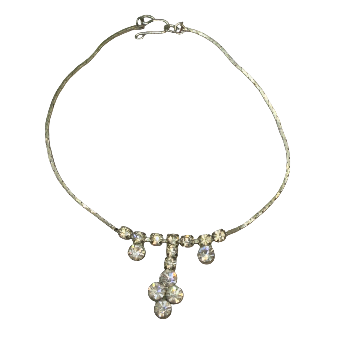 Clear Rhinestone Drop Dangle Silver Serpentine Doll Necklace • 18-22” Vintage Doll Jewelry