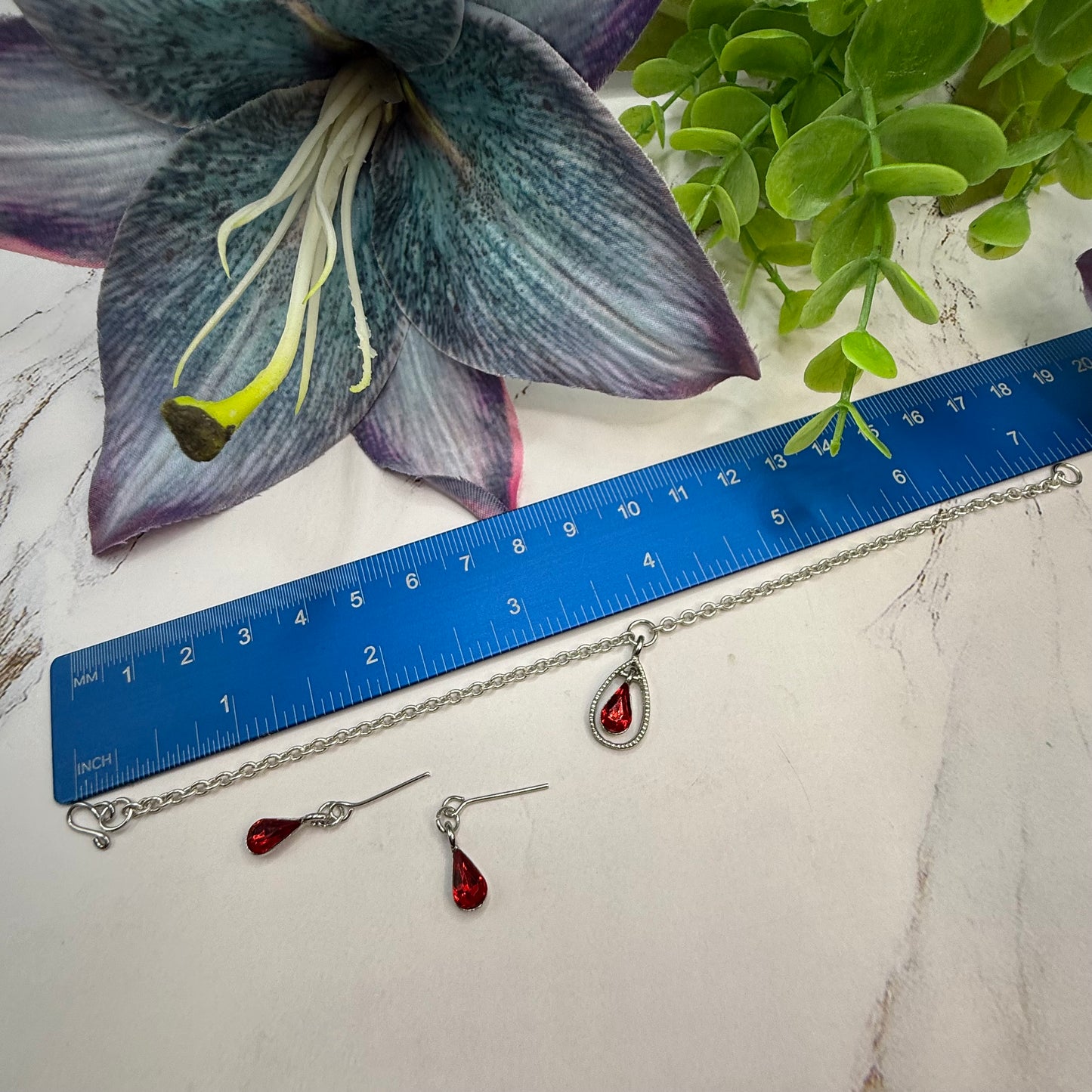 Red Teardrop Rhinestone Necklace & Earrings Set • 18” Fashion Doll Jewelry